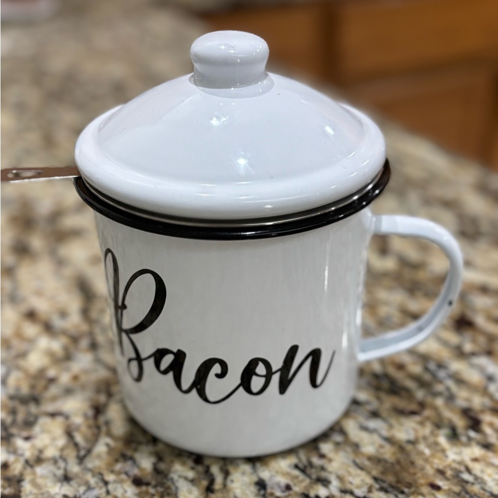 White Enamel Bacon grease container and strainer